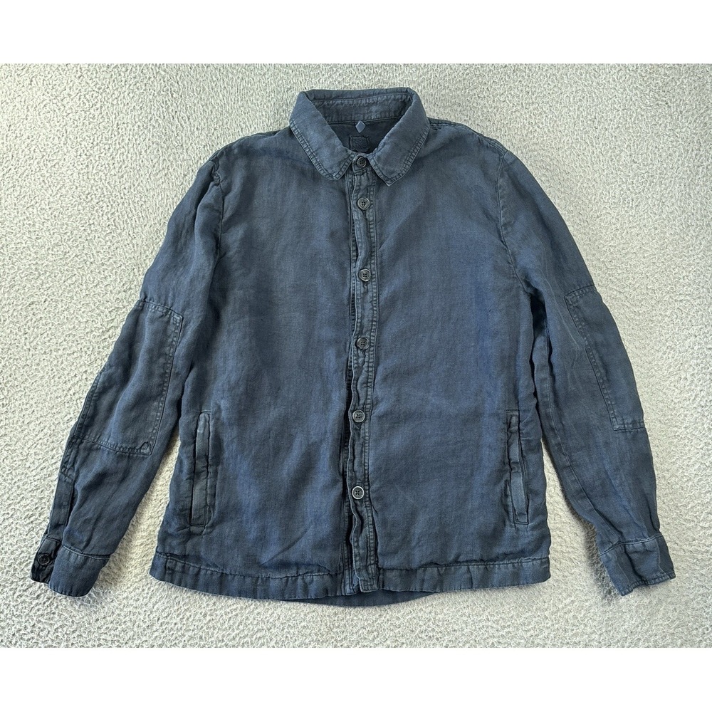 120% Lino Shirt Mens Large Navy Blue Shacket Flax Zipper Pockets Button Up